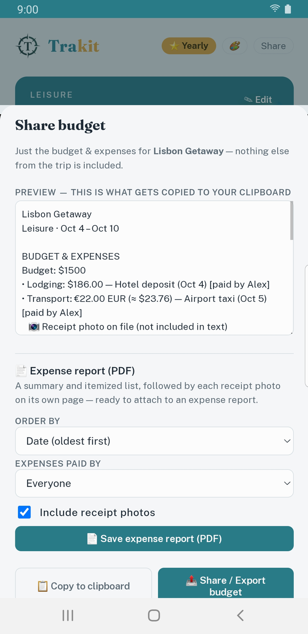 An expense report PDF with receipts, opened on a phone